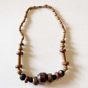 Beaded Necklace Browns Wood Beads Barrel Closure Natural Boho Ethnic 22”